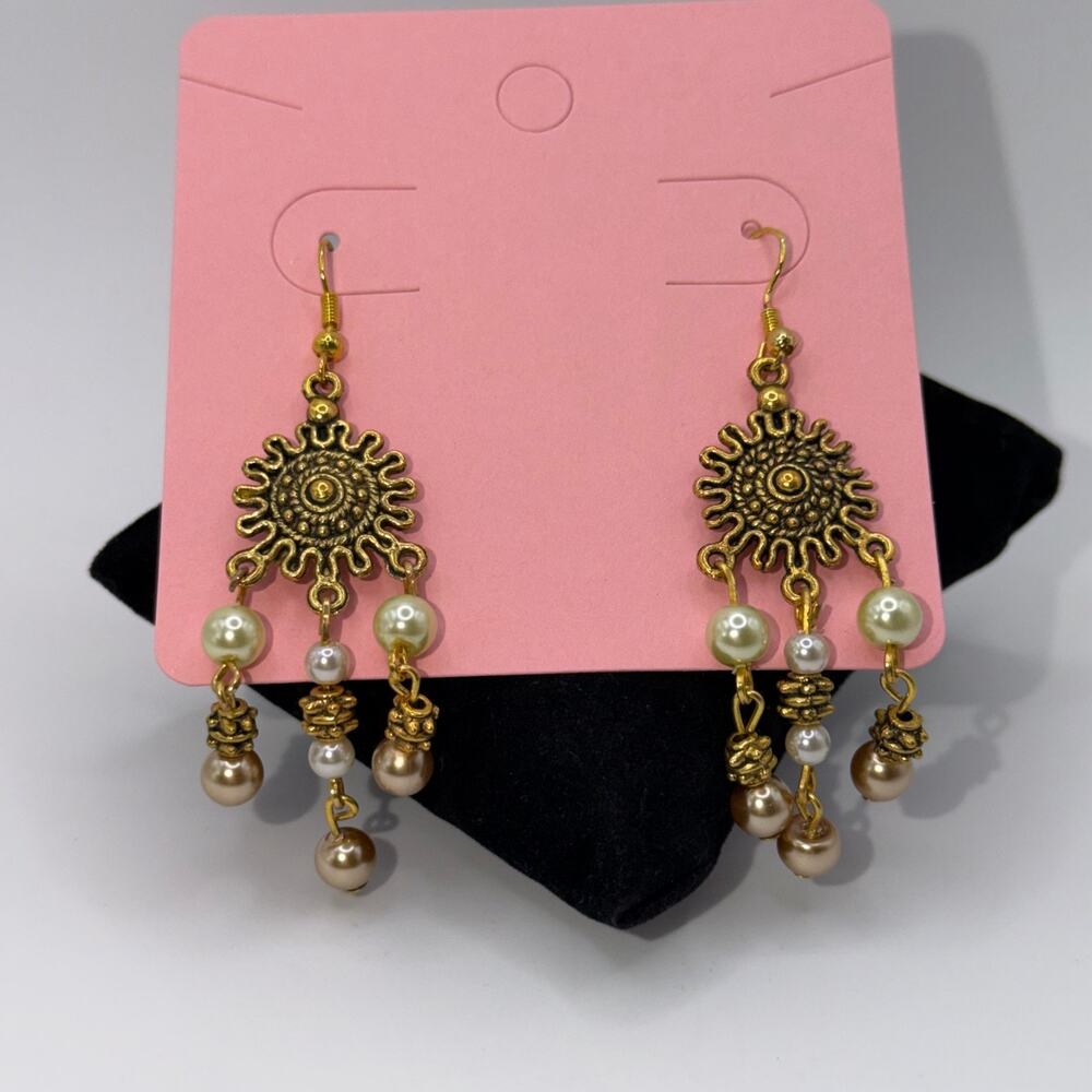 Gold Sun Medallion Pearl Chandelier Earrings Boho Dangle Ethnic Statement